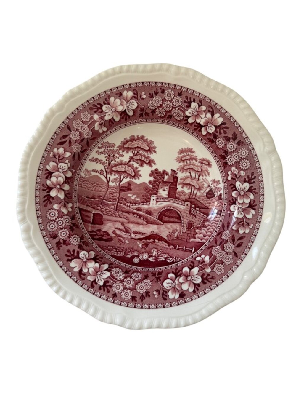 Spode Pink Tower 9.25" Rimmed Soup Bowl England Red Transferware C1814